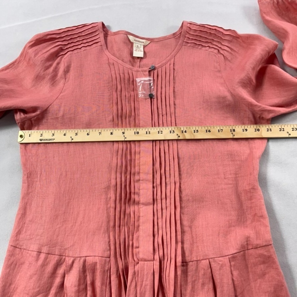 Sundance Linen Dress XL Coral Pintuck Drop-Waist Long Sleeve Side Seam Pockets - Picture 9 of 12